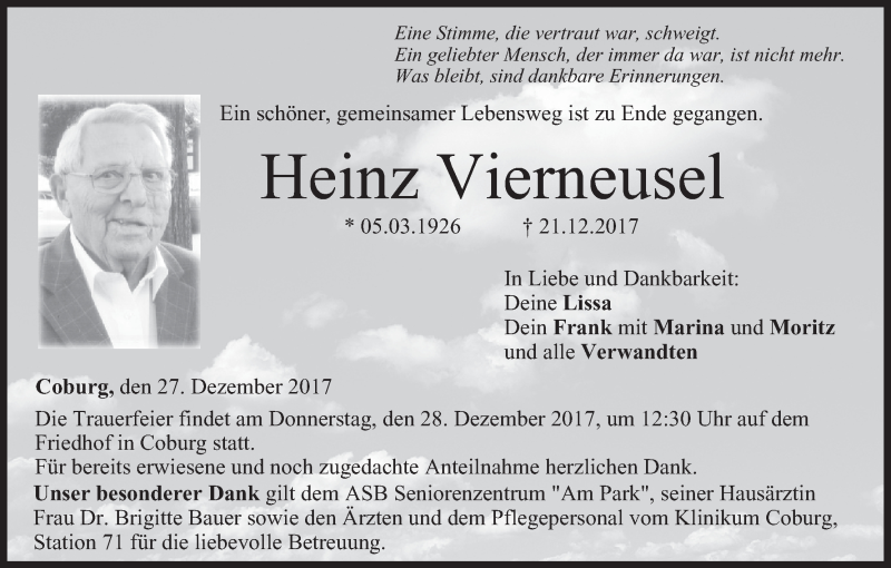  Traueranzeige für Heinz Vierneusel vom 27.12.2017 aus MGO