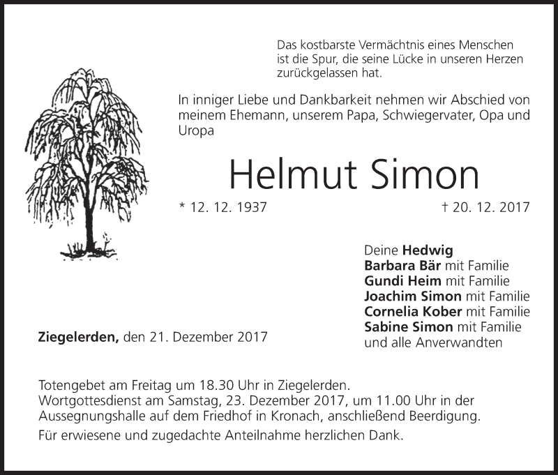  Traueranzeige für Helmut Simon vom 21.12.2017 aus MGO