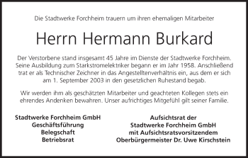 Anzeige von Hermann Burkard von MGO