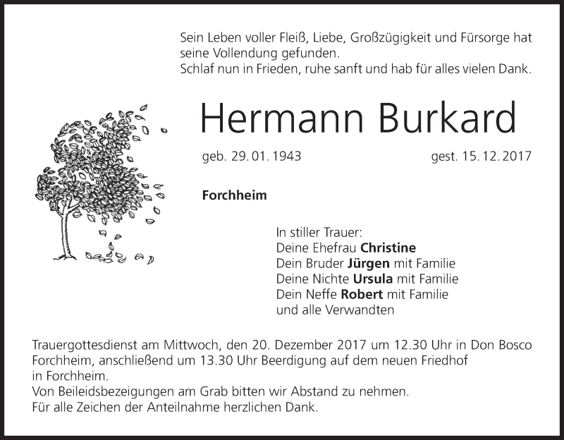  Traueranzeige für Hermann Burkard vom 18.12.2017 aus MGO