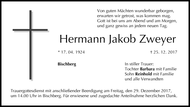  Traueranzeige für Hermann Jakob Zweyer vom 28.12.2017 aus MGO