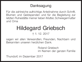 Anzeige von Hildegard Griebsch von MGO