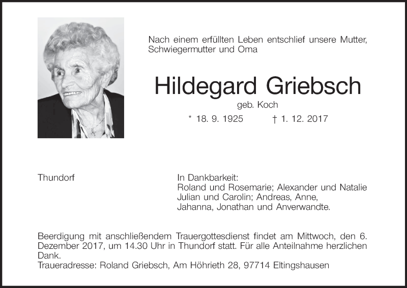  Traueranzeige für Hildegard Griebsch vom 04.12.2017 aus MGO