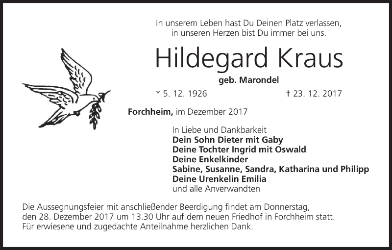  Traueranzeige für Hildegard Kraus vom 28.12.2017 aus MGO