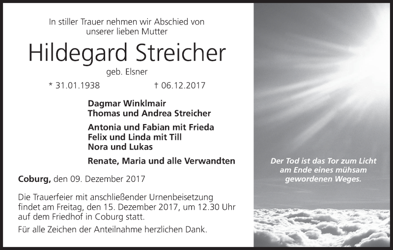  Traueranzeige für Hildegard Streicher vom 09.12.2017 aus MGO