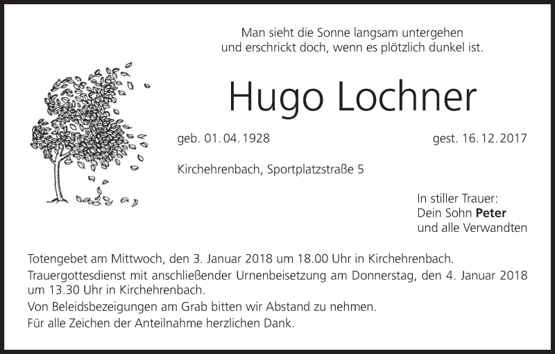  Traueranzeige für Hugo Lochner vom 30.12.2017 aus MGO