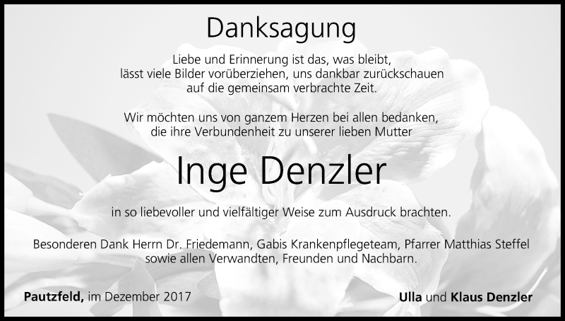  Traueranzeige für Inge Denzler vom 16.12.2017 aus MGO