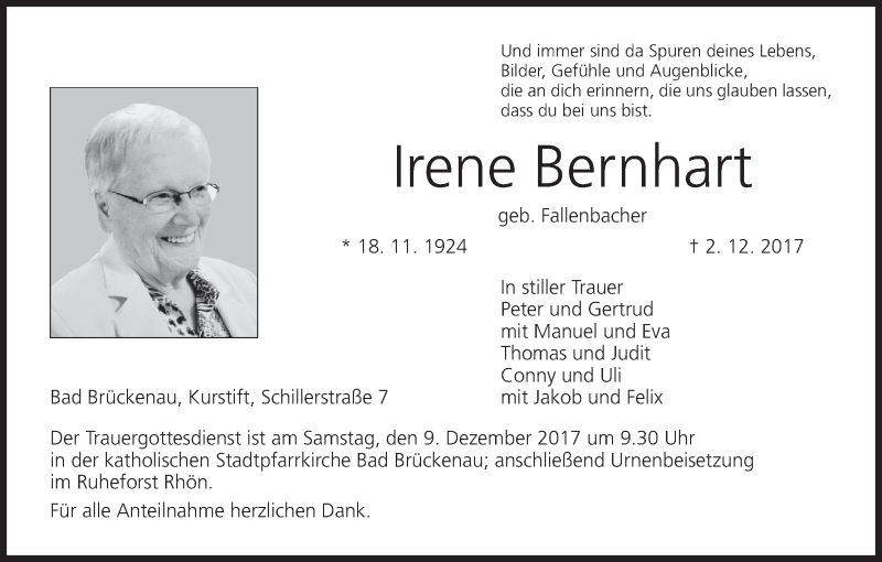  Traueranzeige für Irene Bernhart vom 06.12.2017 aus MGO