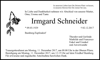Anzeige von Irmgard Schneider von MGO