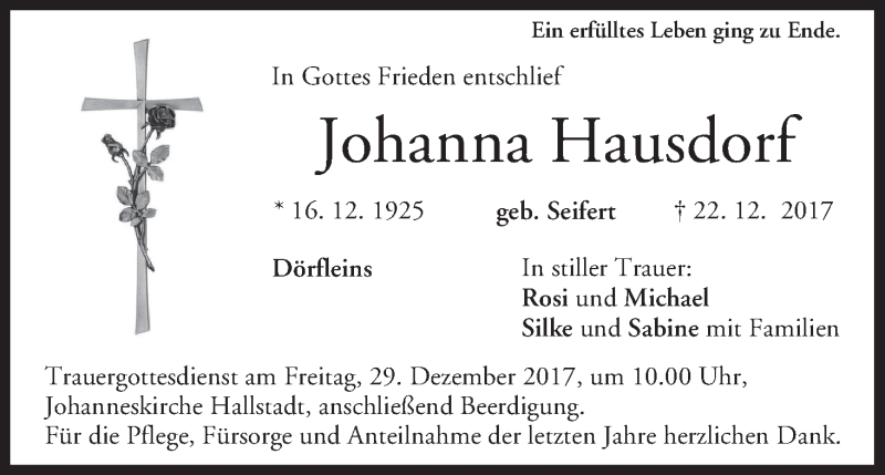  Traueranzeige für Johanna Hausdorf vom 27.12.2017 aus MGO