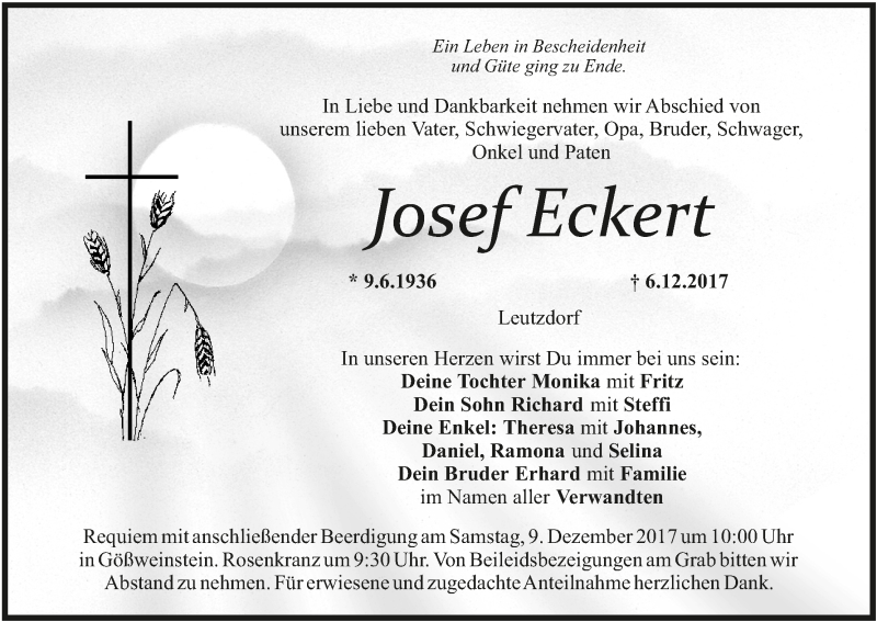  Traueranzeige für Josef Eckert vom 08.12.2017 aus MGO