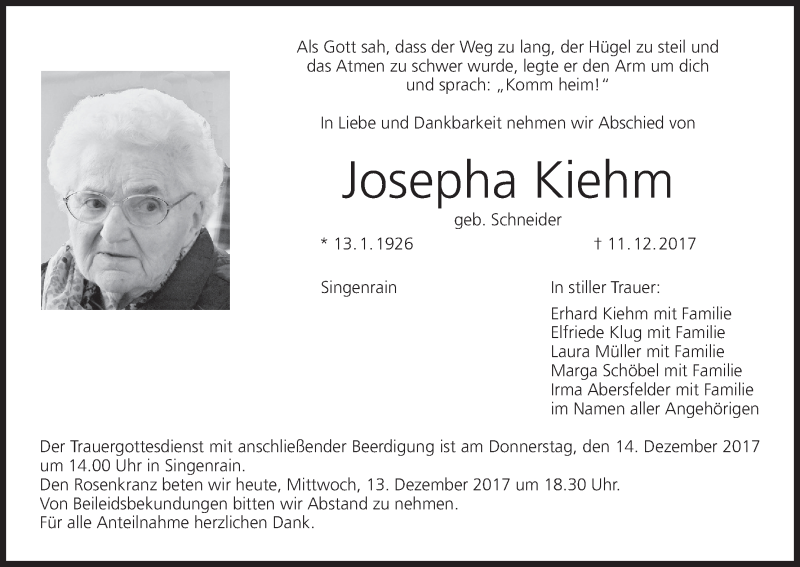  Traueranzeige für Josepha Kiehm vom 13.12.2017 aus MGO