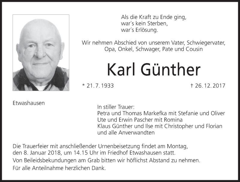  Traueranzeige für Karl Günther vom 30.12.2017 aus MGO