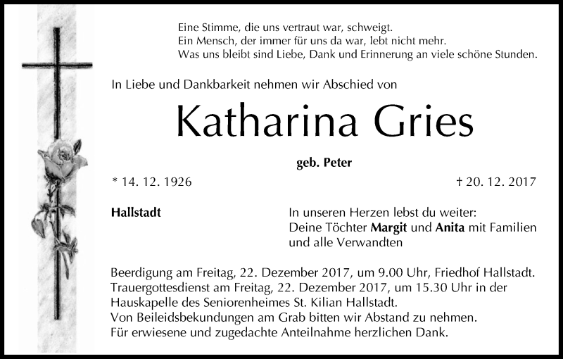  Traueranzeige für Katharina Gries vom 21.12.2017 aus MGO