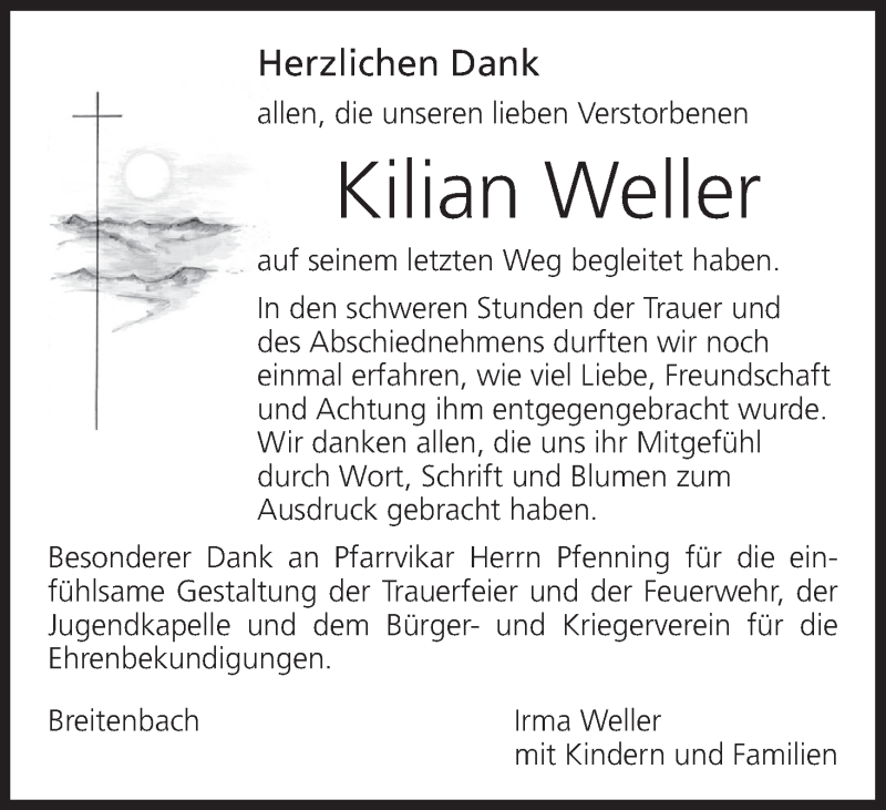  Traueranzeige für Kilian Weller vom 02.12.2017 aus MGO