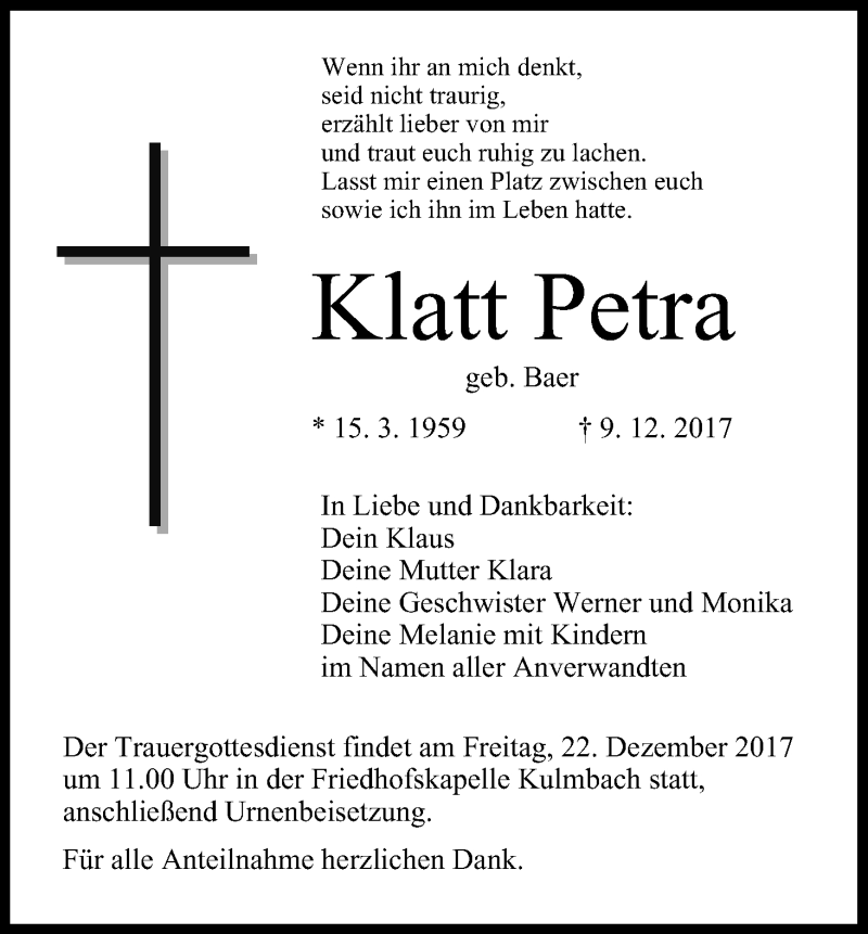  Traueranzeige für Klatt Petra vom 20.12.2017 aus MGO