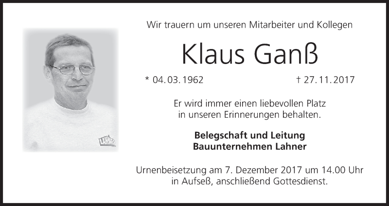  Traueranzeige für Klaus Ganß vom 06.12.2017 aus MGO