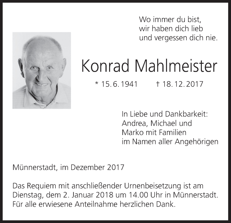  Traueranzeige für Konrad Mahlmeister vom 29.12.2017 aus MGO