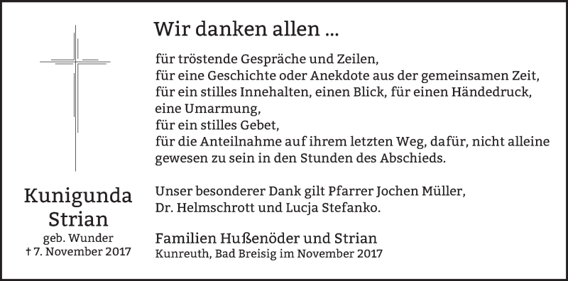  Traueranzeige für Kunigunda Strian vom 02.12.2017 aus MGO
