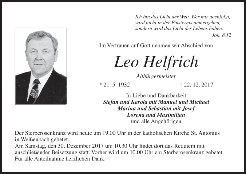  Traueranzeige für Leo Helfrich vom 27.12.2017 aus MGO