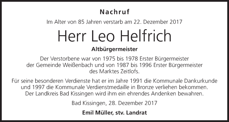  Traueranzeige für Leo Helfrich vom 28.12.2017 aus MGO