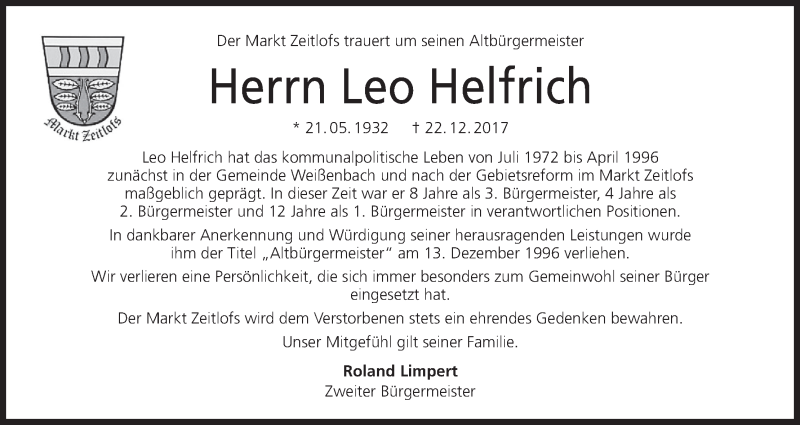 Traueranzeige für Leo Helfrich vom 28.12.2017 aus MGO