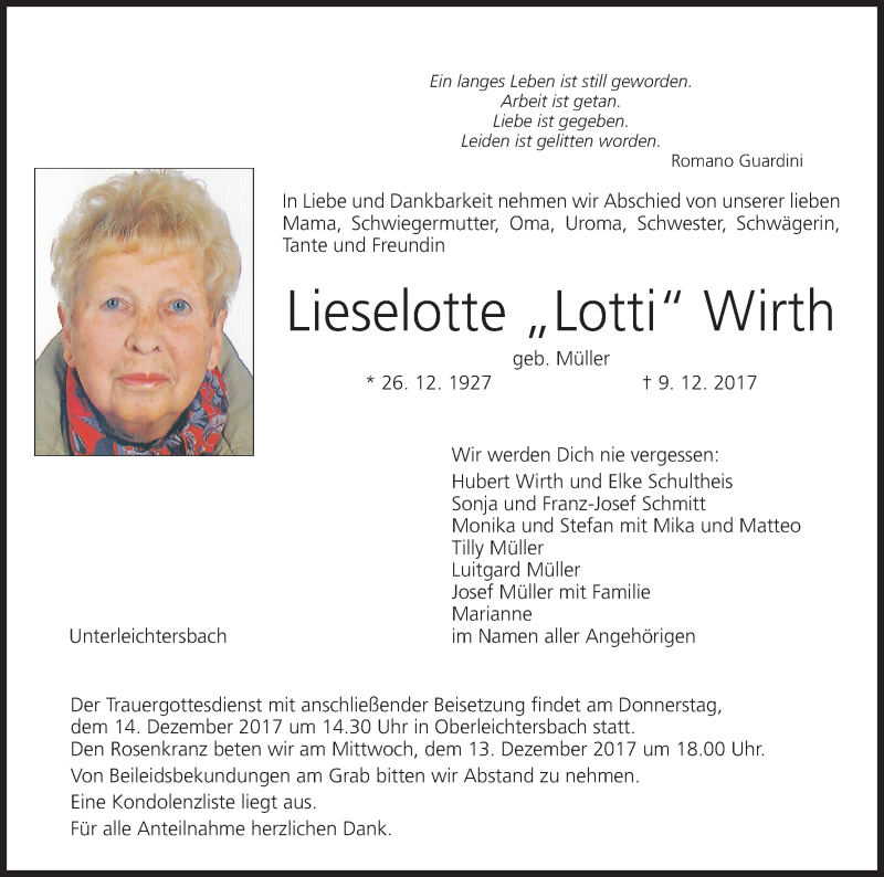  Traueranzeige für Lieselotte Lotti Wirth vom 12.12.2017 aus MGO