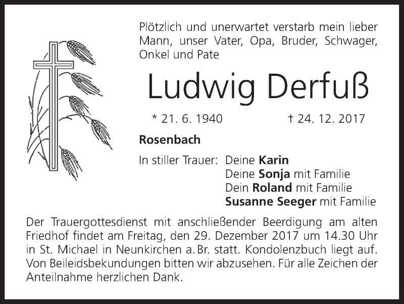  Traueranzeige für Ludwig Derfuß vom 28.12.2017 aus MGO
