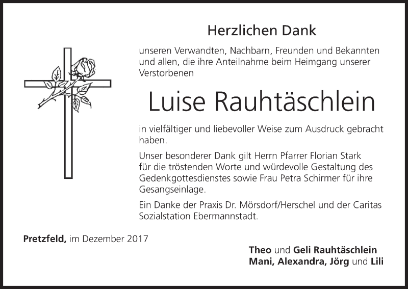  Traueranzeige für Luise Rauhtäschlein vom 12.12.2017 aus MGO