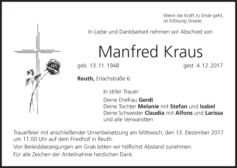  Traueranzeige für Manfred Kraus vom 09.12.2017 aus MGO