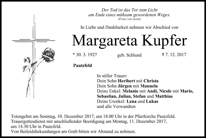  Traueranzeige für Margareta Kupfer vom 08.12.2017 aus MGO