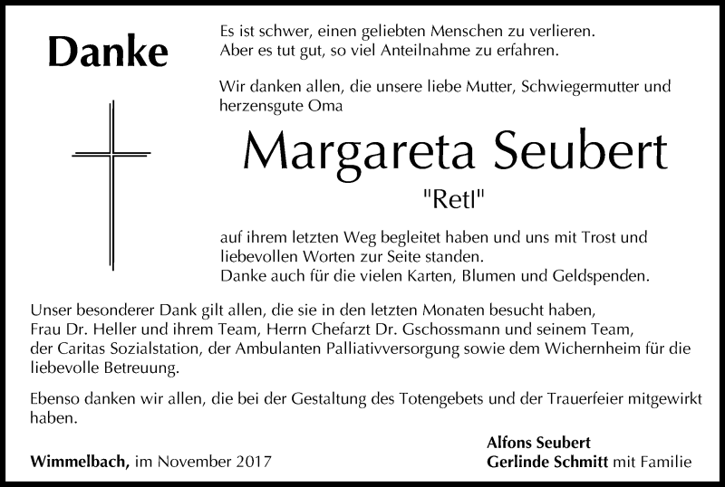  Traueranzeige für Margareta Seubert vom 02.12.2017 aus MGO