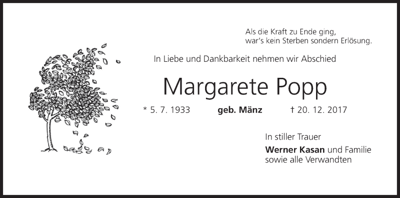  Traueranzeige für Margarete Popp vom 23.12.2017 aus MGO