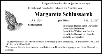 Anzeige von Margarete Schlussarek von MGO