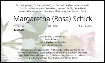 Anzeige von Margaretha Schick von MGO