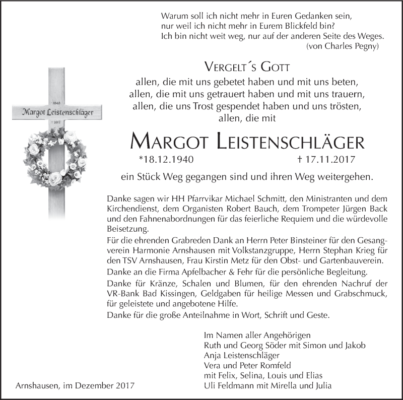  Traueranzeige für Margot Leistenschläger vom 02.12.2017 aus MGO