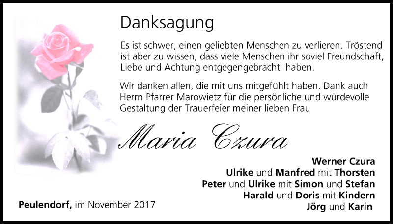  Traueranzeige für Maria Czura vom 16.12.2017 aus MGO