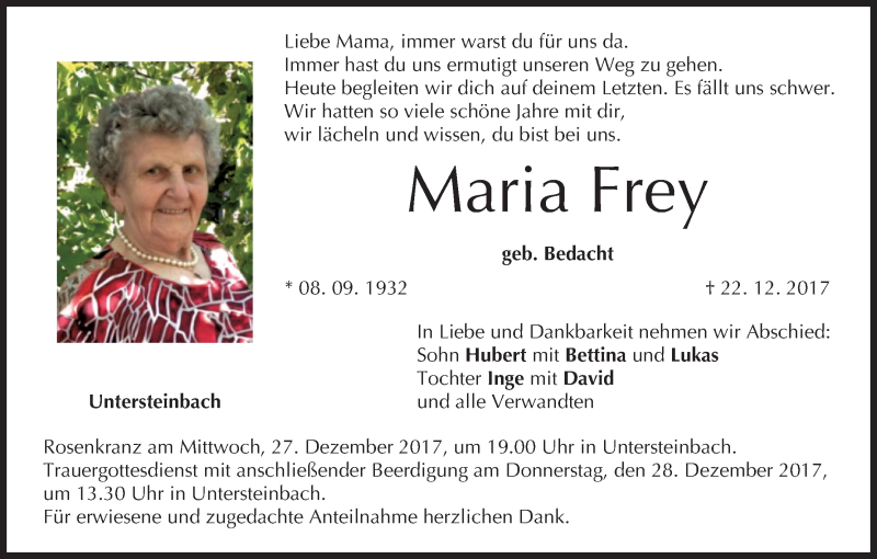  Traueranzeige für Maria Frey vom 27.12.2017 aus MGO
