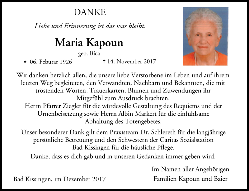  Traueranzeige für Maria Kapoun vom 09.12.2017 aus MGO