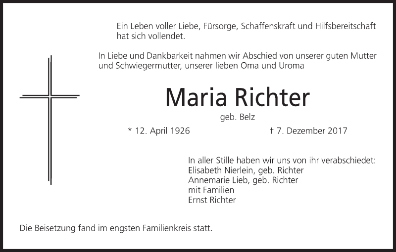  Traueranzeige für Maria Richter vom 30.12.2017 aus MGO