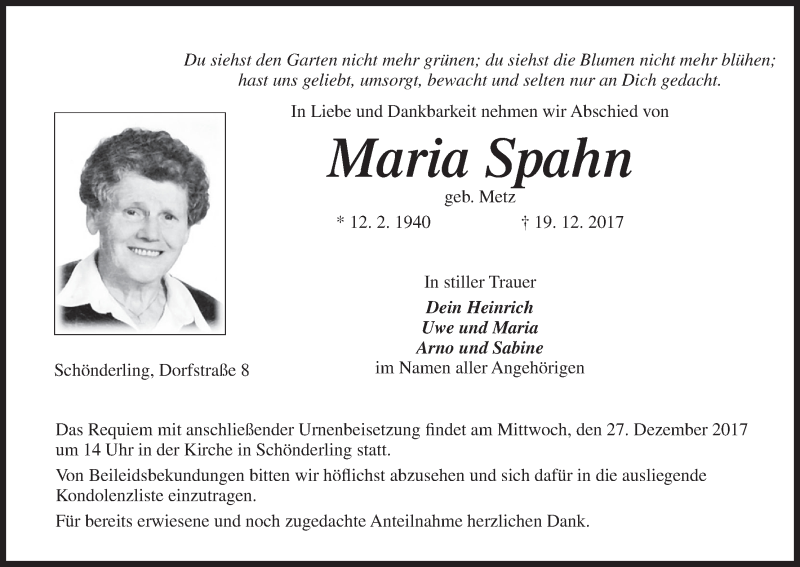  Traueranzeige für Maria Spahn vom 23.12.2017 aus MGO
