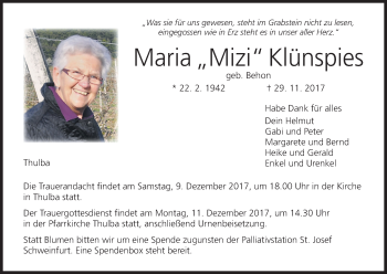 Anzeige von Maria Mizi Klünspies von MGO