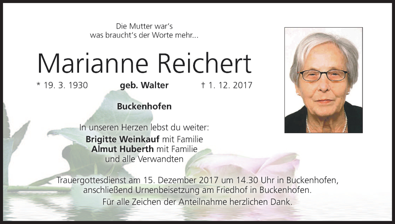  Traueranzeige für Marianne Reichert vom 09.12.2017 aus MGO