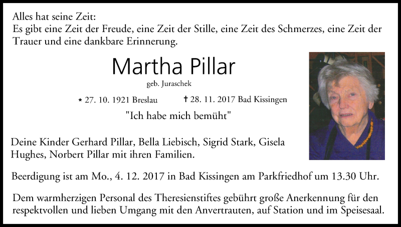  Traueranzeige für Martha Pillar vom 02.12.2017 aus MGO