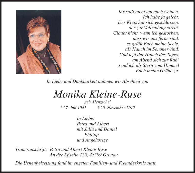  Traueranzeige für Monika Kleine-Ruse vom 18.12.2017 aus MGO