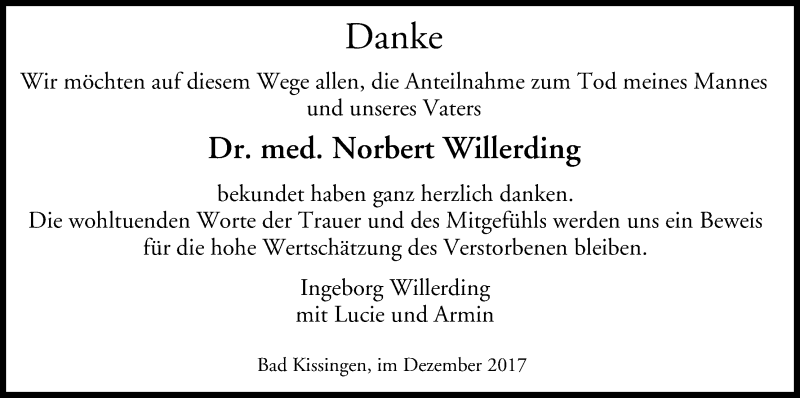  Traueranzeige für Norbert Willerding vom 09.12.2017 aus MGO