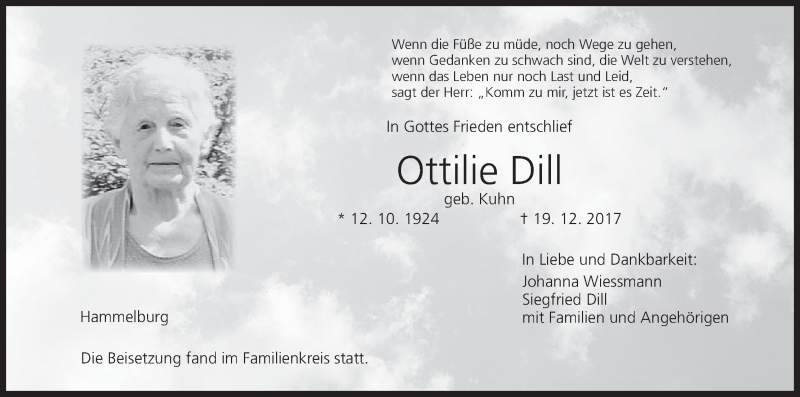  Traueranzeige für Ottilie Dill vom 29.12.2017 aus MGO