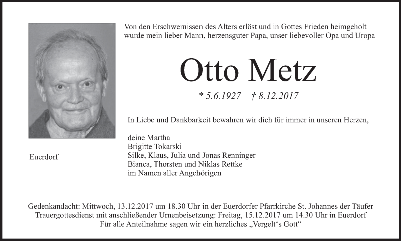  Traueranzeige für Otto Metz vom 13.12.2017 aus MGO