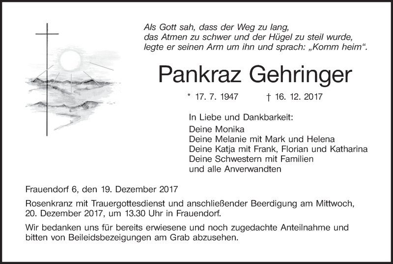  Traueranzeige für Pankraz Gehringer vom 19.12.2017 aus MGO