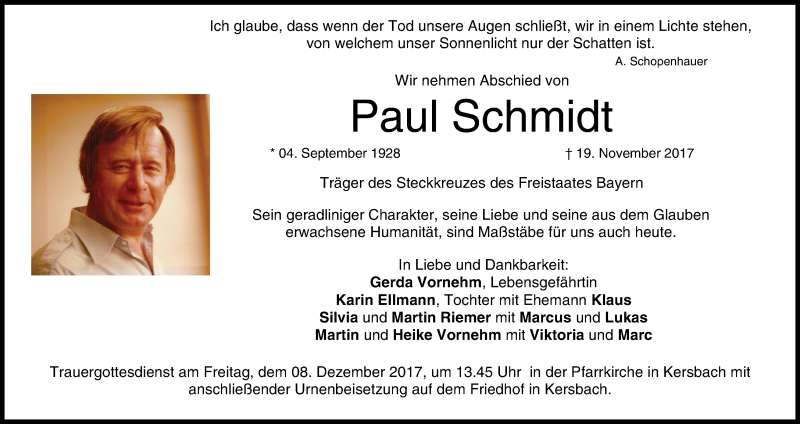  Traueranzeige für Paul Schmidt vom 02.12.2017 aus MGO